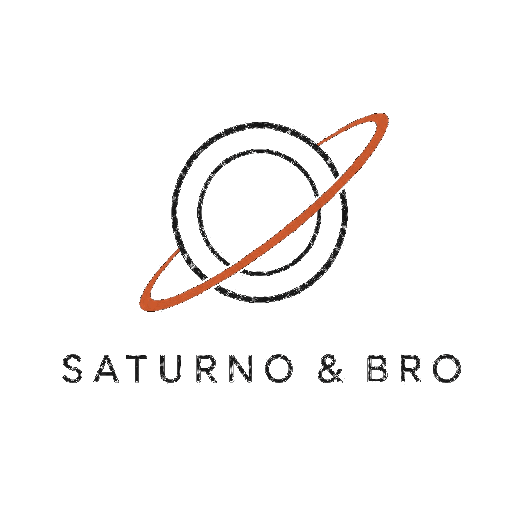 Saturno & Bro logo with a terracotta Saturn ring crossing a plate